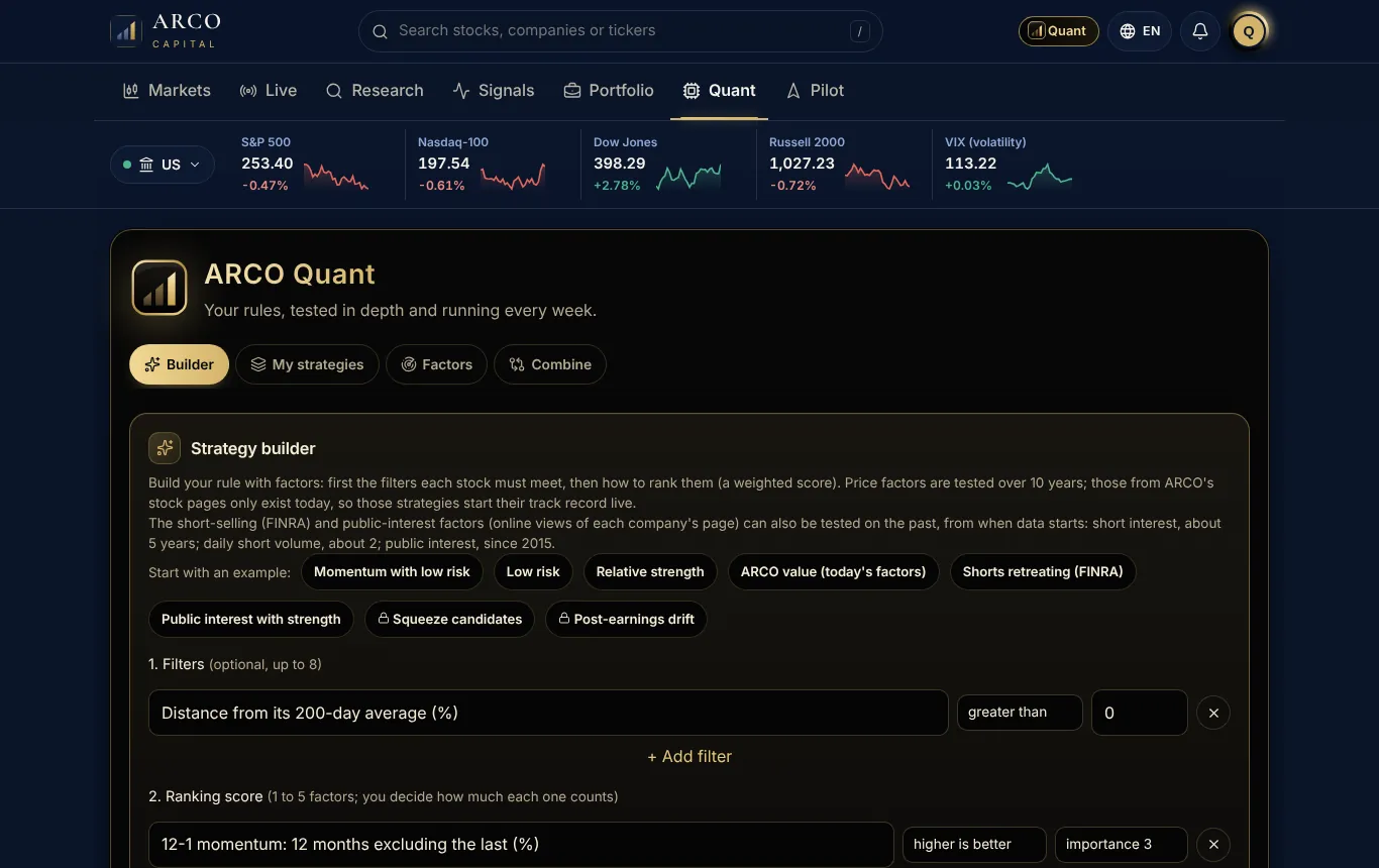 The ARCO Quant station: factor strategy builder