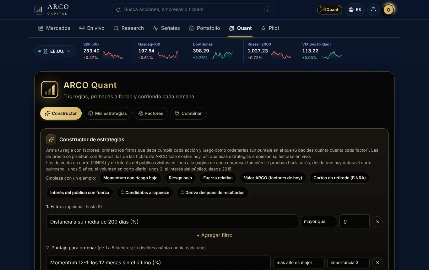 La estación ARCO Quant: constructor de estrategias por factores